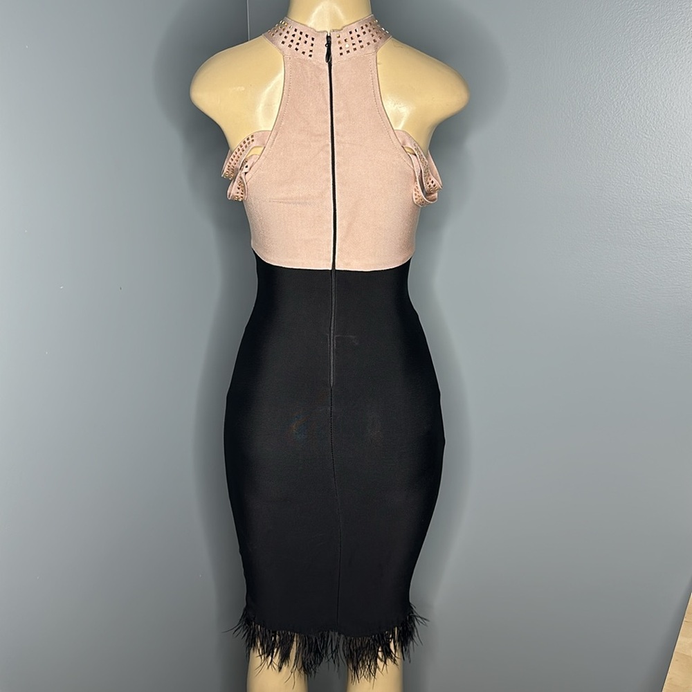 Tan&black midi bodycon dress, crystal embellished sleeveless size XS - Picture 9 of 11